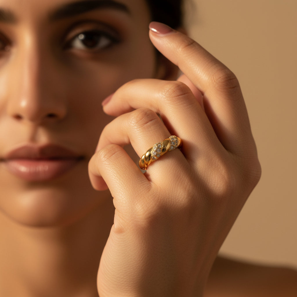 Gold Textured Twist Ring side view showing embedded cubic zirconia stones