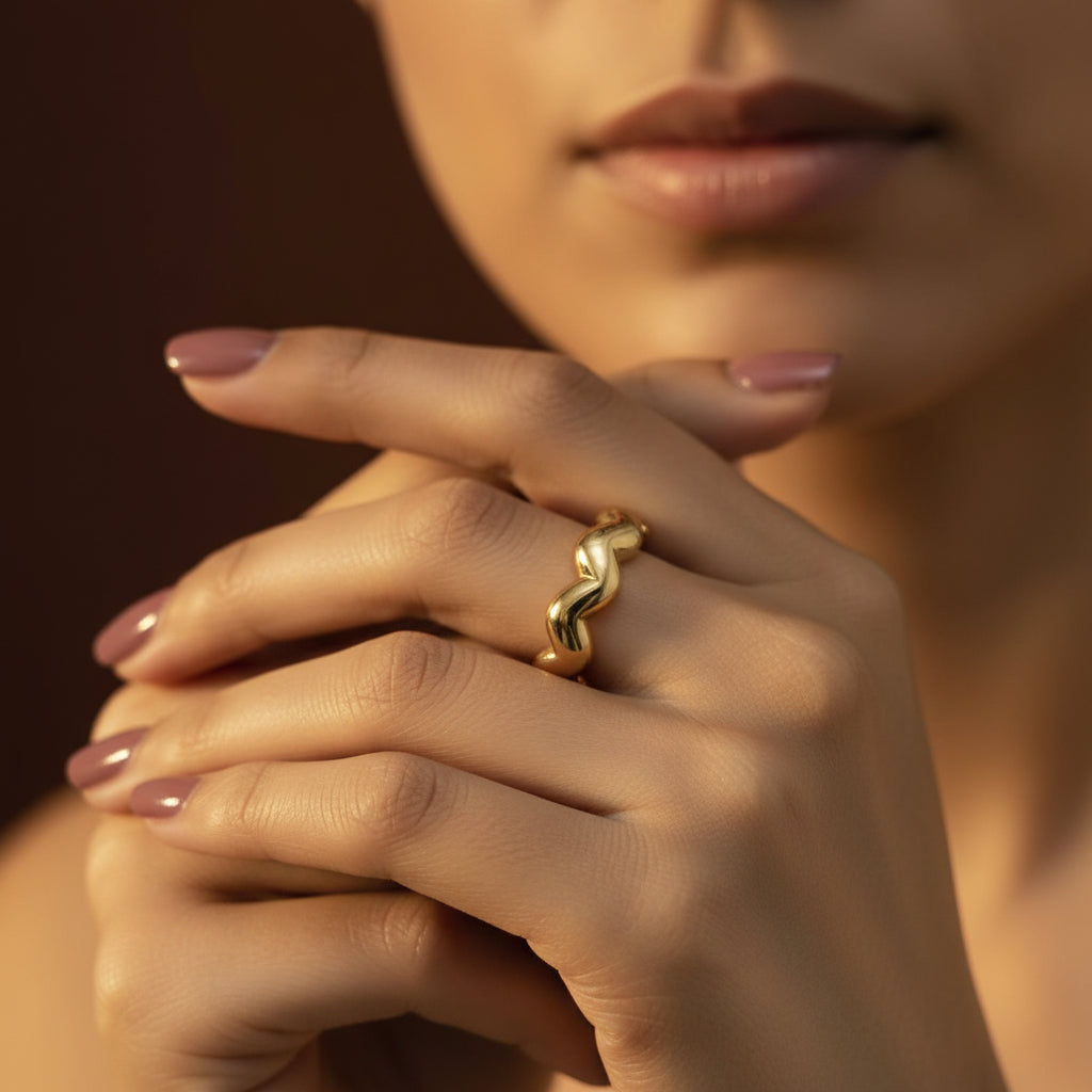 Golden Heart Link Statement Ring front view showing interlocking heart links in gold plated finish