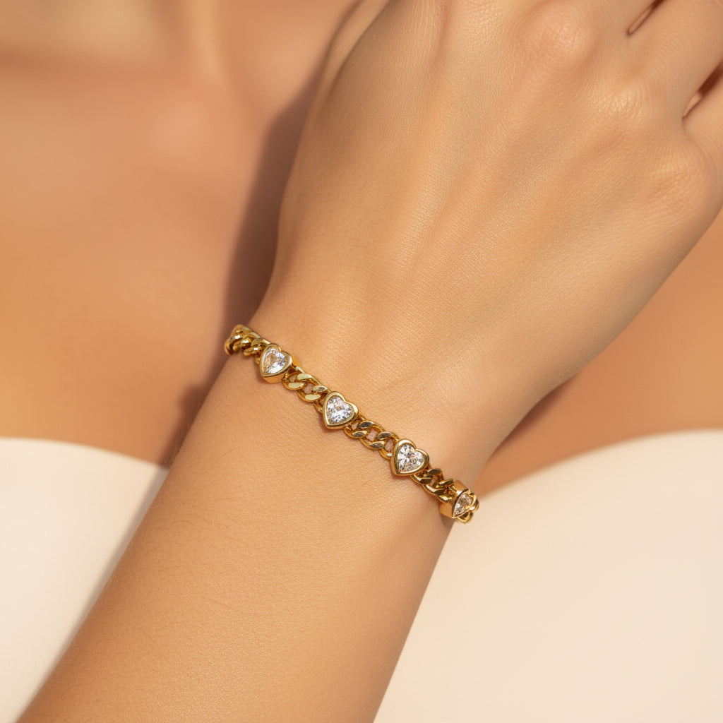 Heart Cuban Bracelet – gold plated Cuban chain bracelet with sparkling heart stone charms by Swikaar