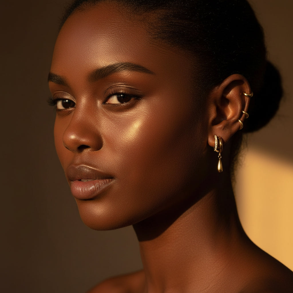 A stunning high-end e-commerce editorial photograph of a beautiful Black model wearing the multi-dimensional gold split-hoop crystal teardrop earrings under warm golden lighting.