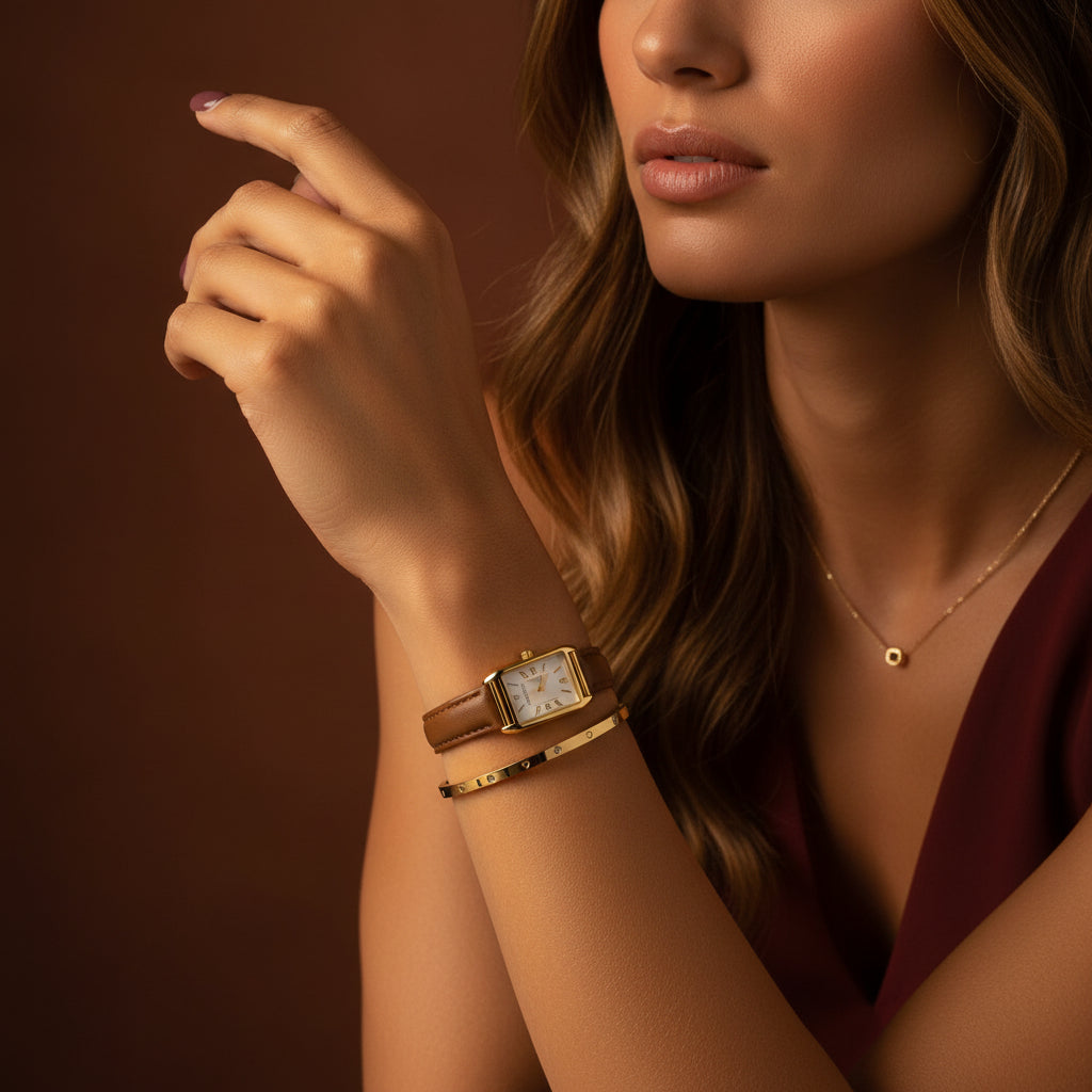 A close-up view of the Luna Heart Radiant Bangle highlighting the brilliant heart-cut crystal and polished 18K gold finish.