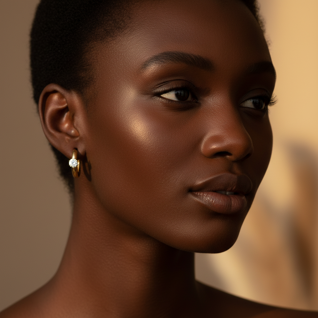 Black female model wearing elegant gold solitaire huggie earrings in a luxury jewellery campaign.
