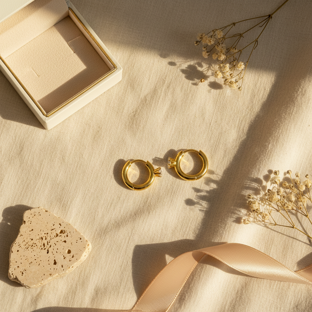 Gold solitaire huggie earrings styled on cream linen with luxury jewellery accessories.