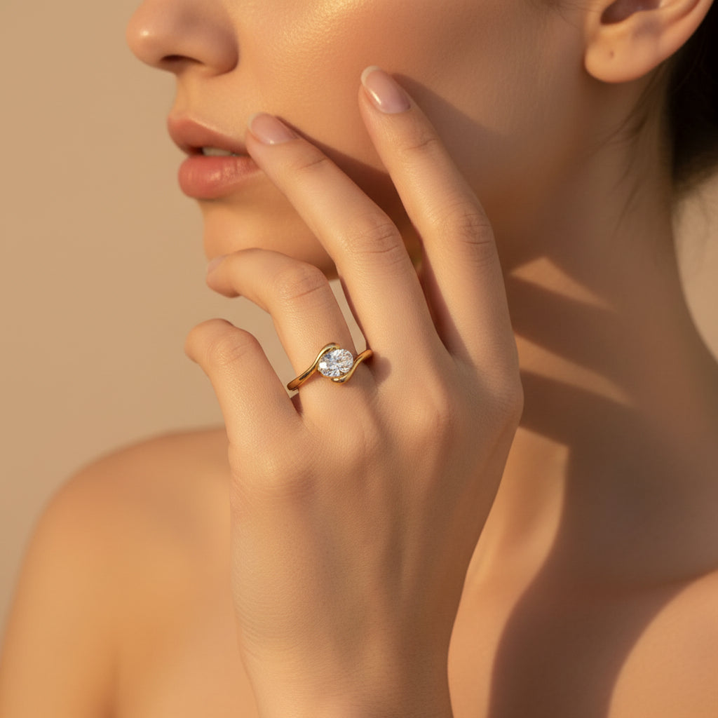 Luna Wrap Ring stacked with minimal gold bands – everyday jewellery