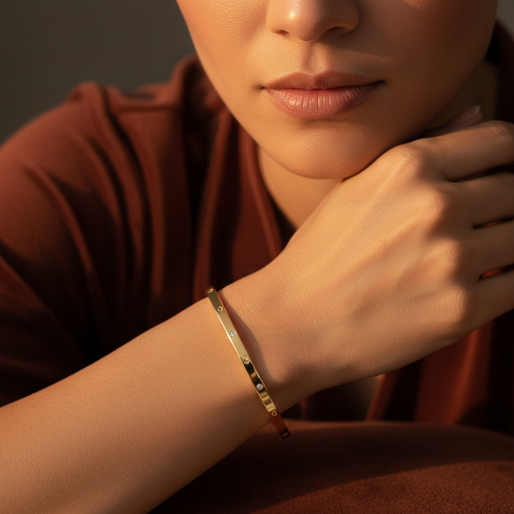 A model wearing the Luna Heart Radiant Bangle to showcase its elegant sparkle and structured fit on the wrist.