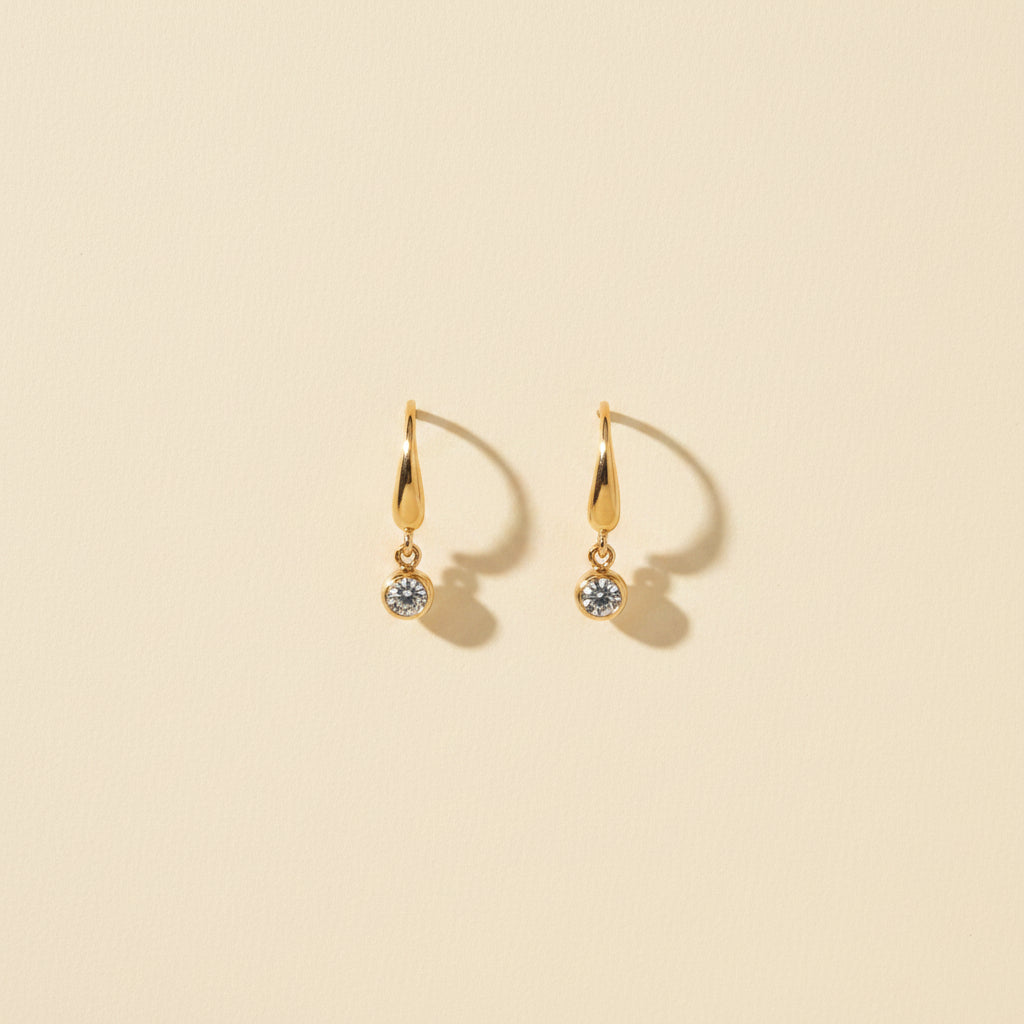 Minimal Drop Sparkle Earrings worn on ear – delicate gold crystal drop earrings for women