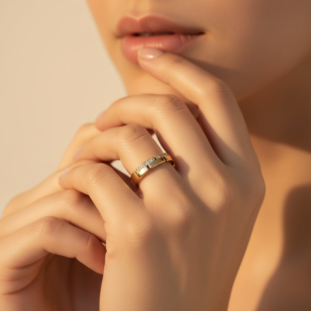 Minimal Luxe Crystal Band Ring front view showing delicate row of shimmering crystals on gold band