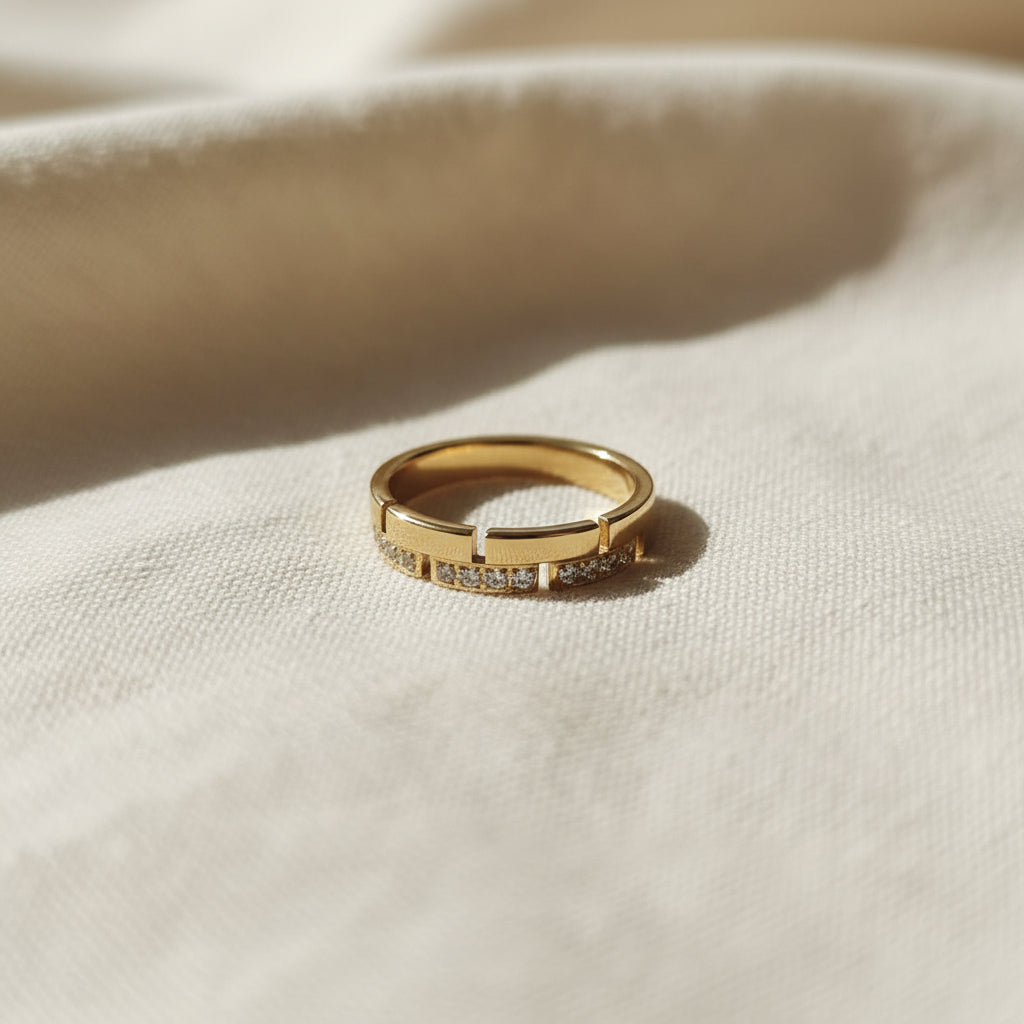 Minimal Luxe Crystal Band Ring stacked with gold bands – curated ring stack by Swikaar