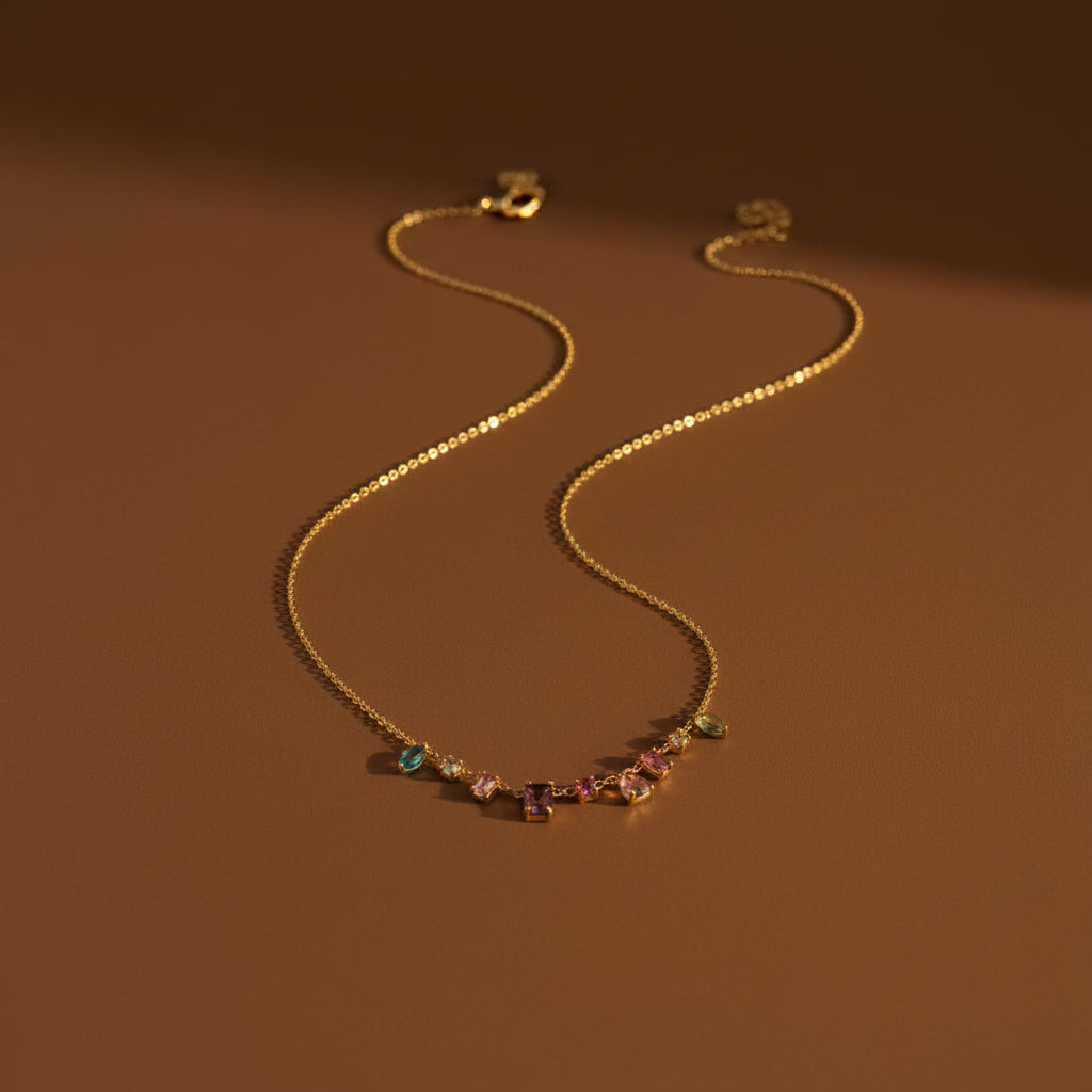 A model wearing the Swarovski Multicolor Charm Necklace to demonstrate the adjustable length and elegant colorful sparkle.