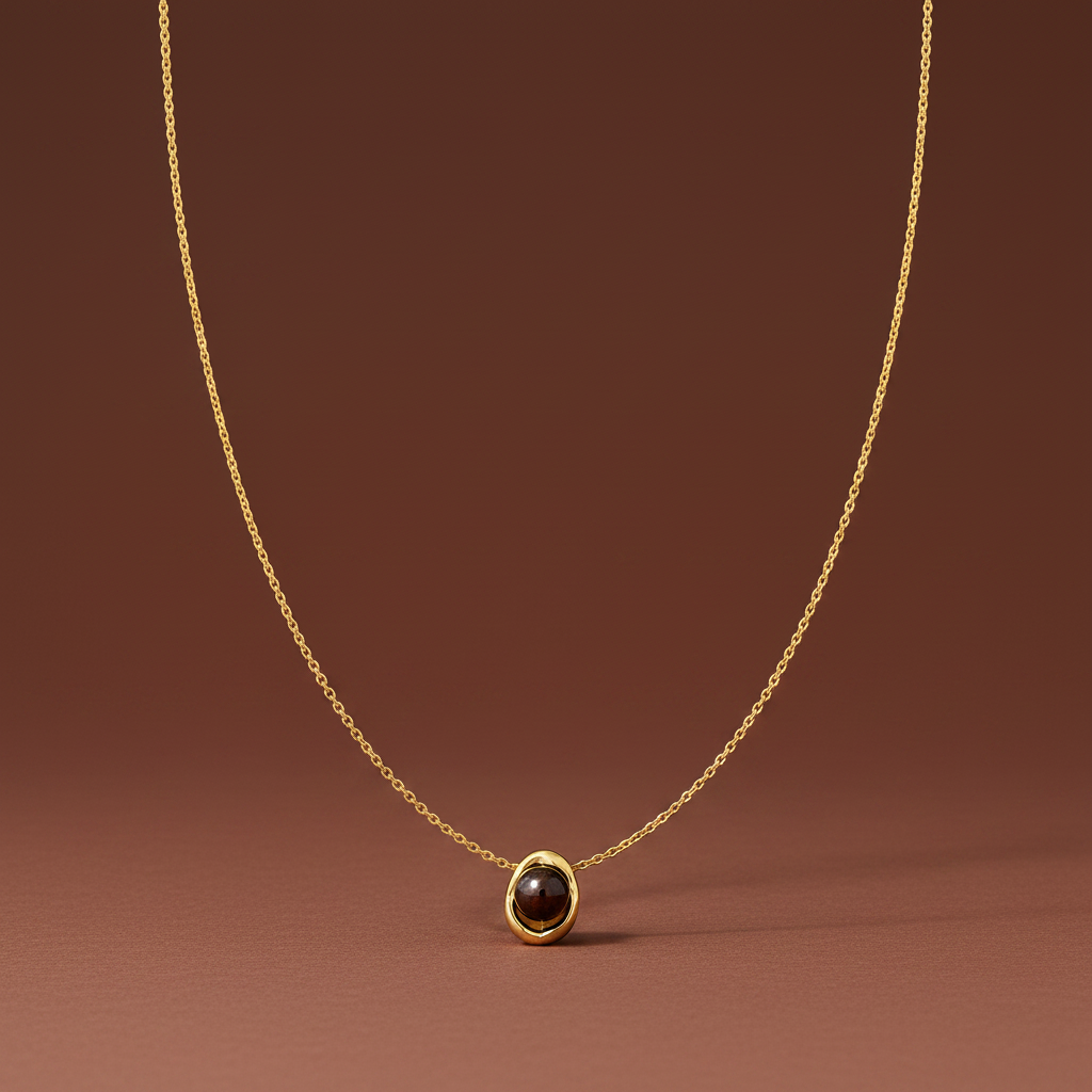 Black stone pendant necklace on a luxury #5b3b3a catalogue background.