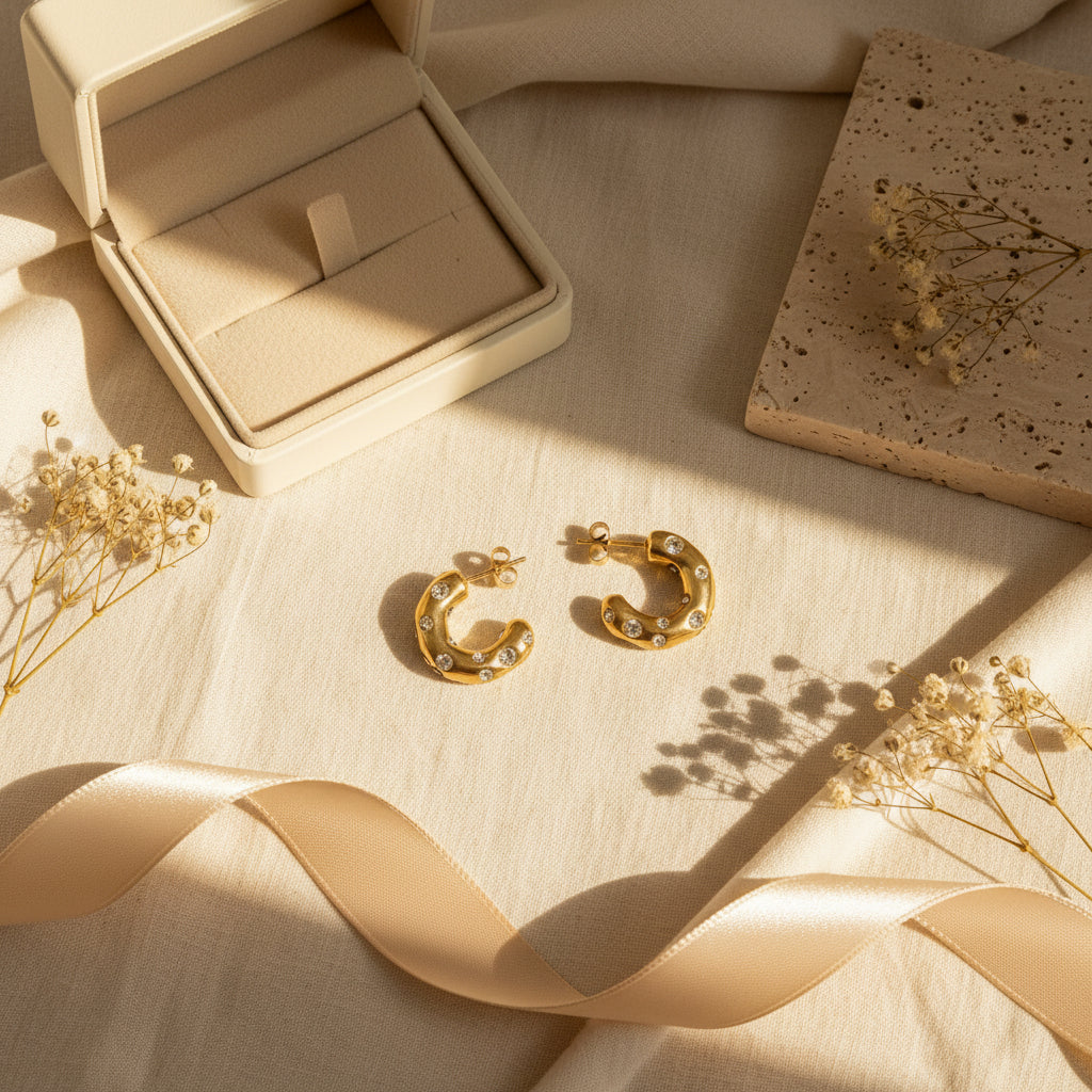 Nova Pavé Link Hoop Earrings styled on cream linen with luxury jewellery accessories.