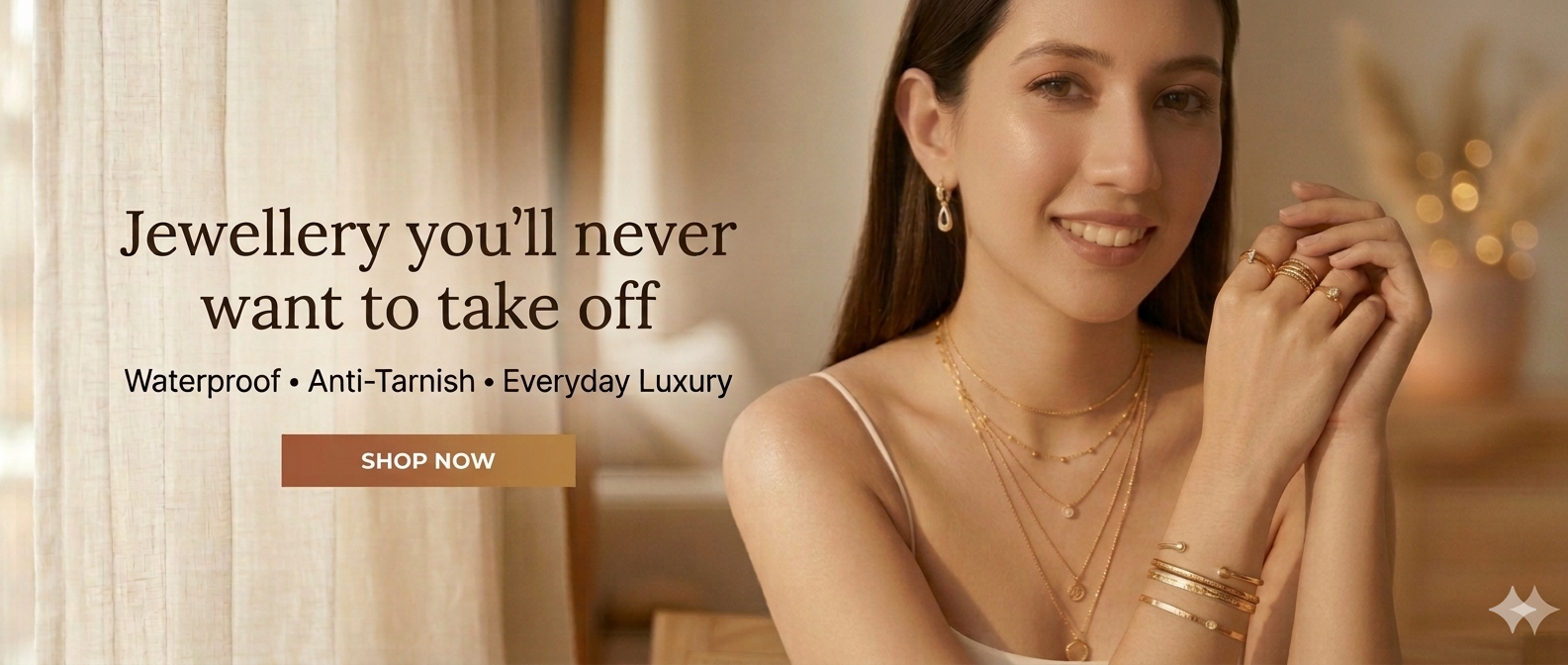Woman wearing gold jewelry with promotional text about waterproof and anti-tarnish properties.