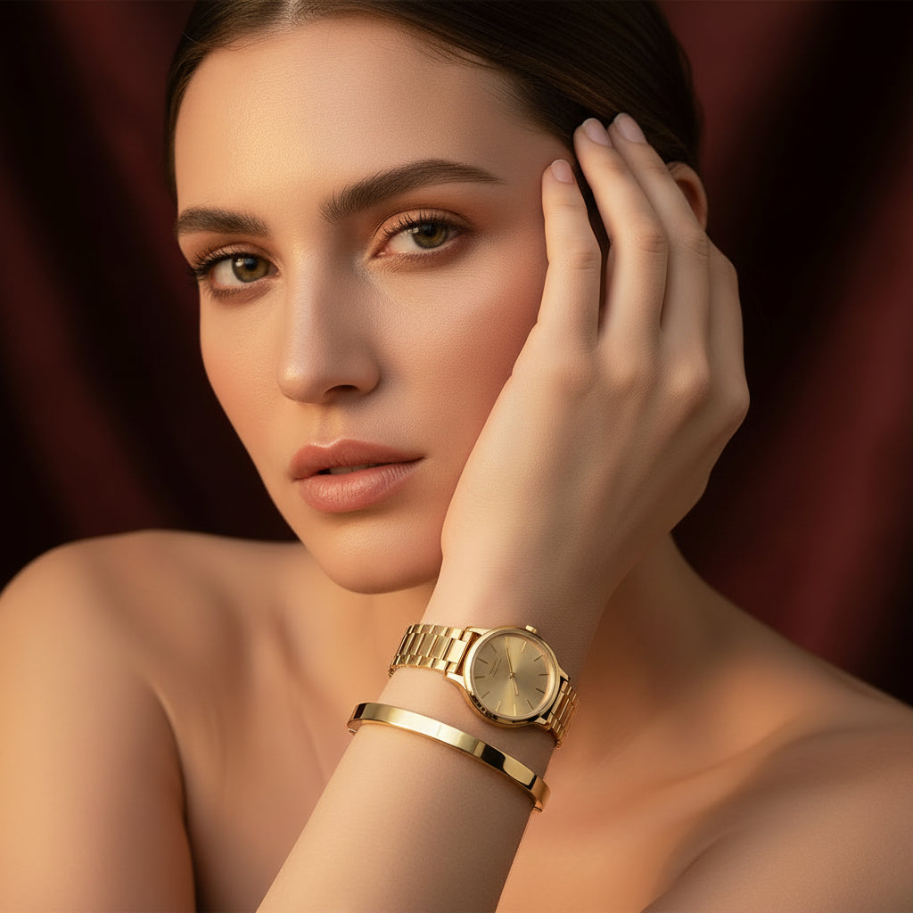 A three-quarter profile of a model with a slender wrist wearing the plain oval gold Kada stacked immediately next to a classic gold watch under warm golden lighting against a brown background. Focus is sharp on her thin arm.