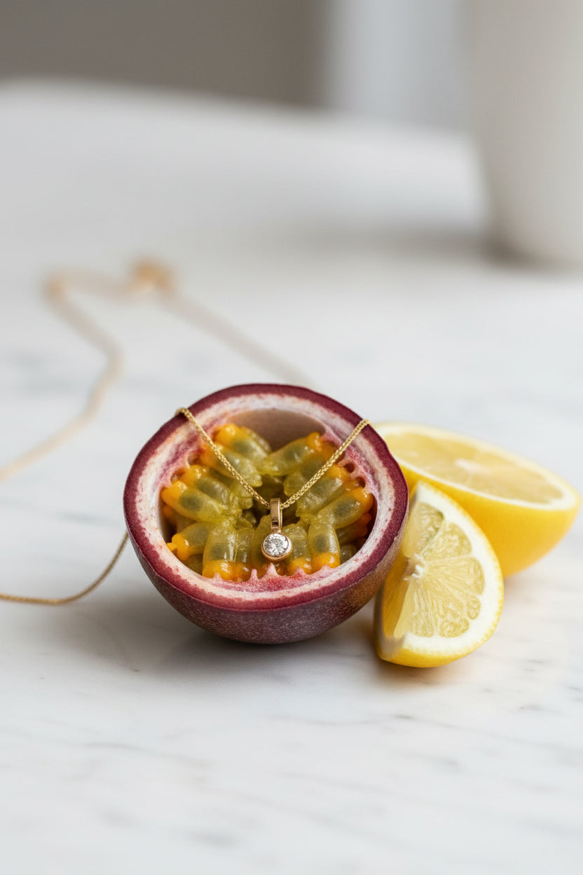 A high-end editorial lifestyle photograph capturing the floating solitaire bezel necklace composed appealingly on a refreshing food item, with sharp focus on the central round pendant.