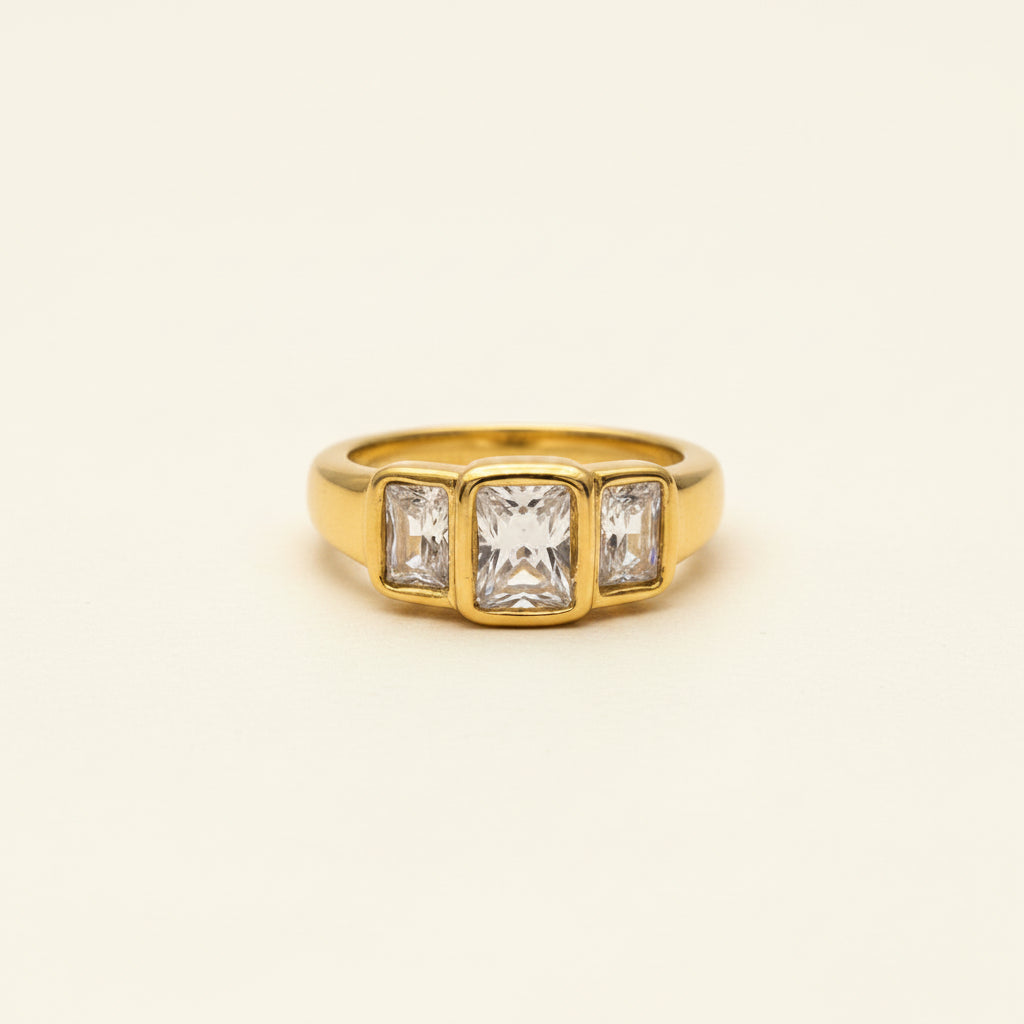 Regal Trio Crystal Ring angle view highlighting trio stone setting
