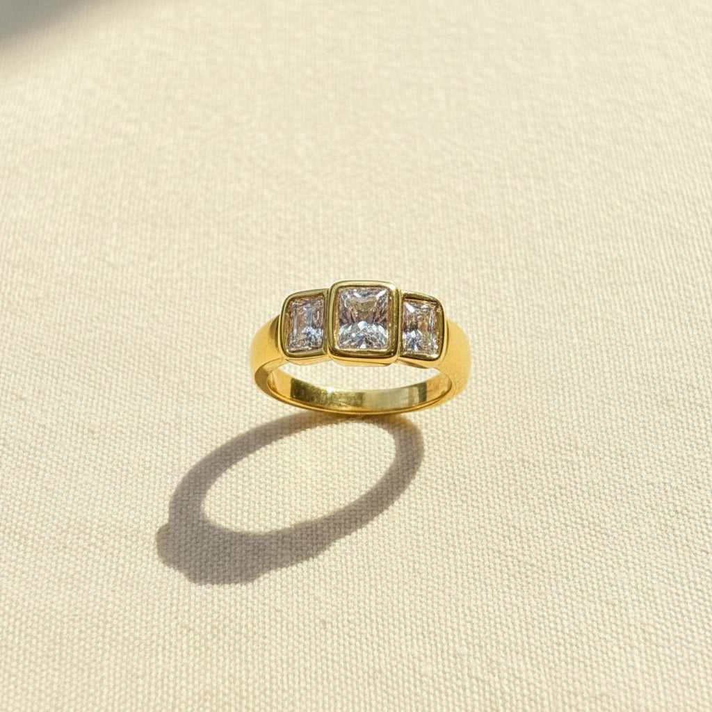 Regal Trio Crystal Ring side view showing gold plated band profile