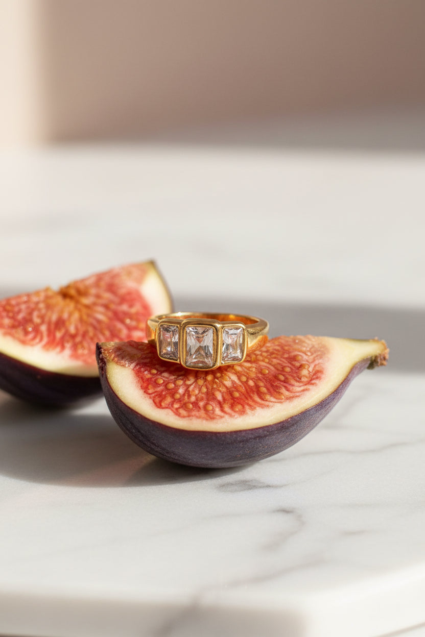 Regal Trio Crystal Ring stacked with minimal gold bands – everyday jewellery