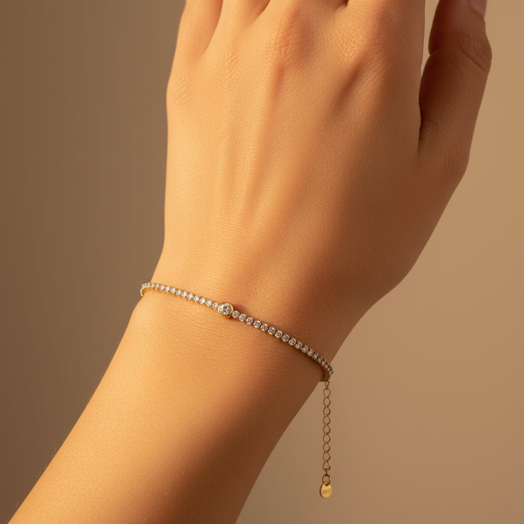 Solitaire Tennis Bracelet front view showing continuous row of crystal stones in gold plated setting