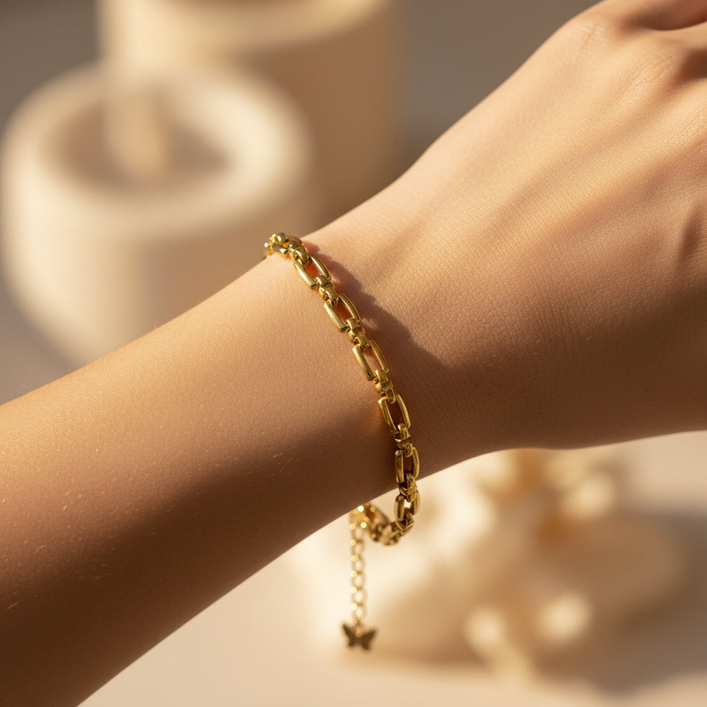 Structured Link Bracelet front view showing bold gold plated rectangular link chain design