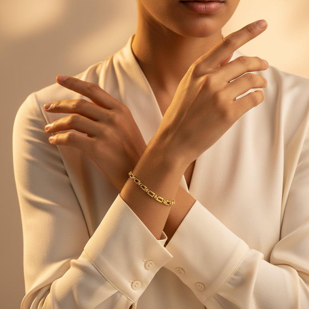 Structured Link Bracelet worn on wrist – modern gold link chain bracelet for women by Swikaar