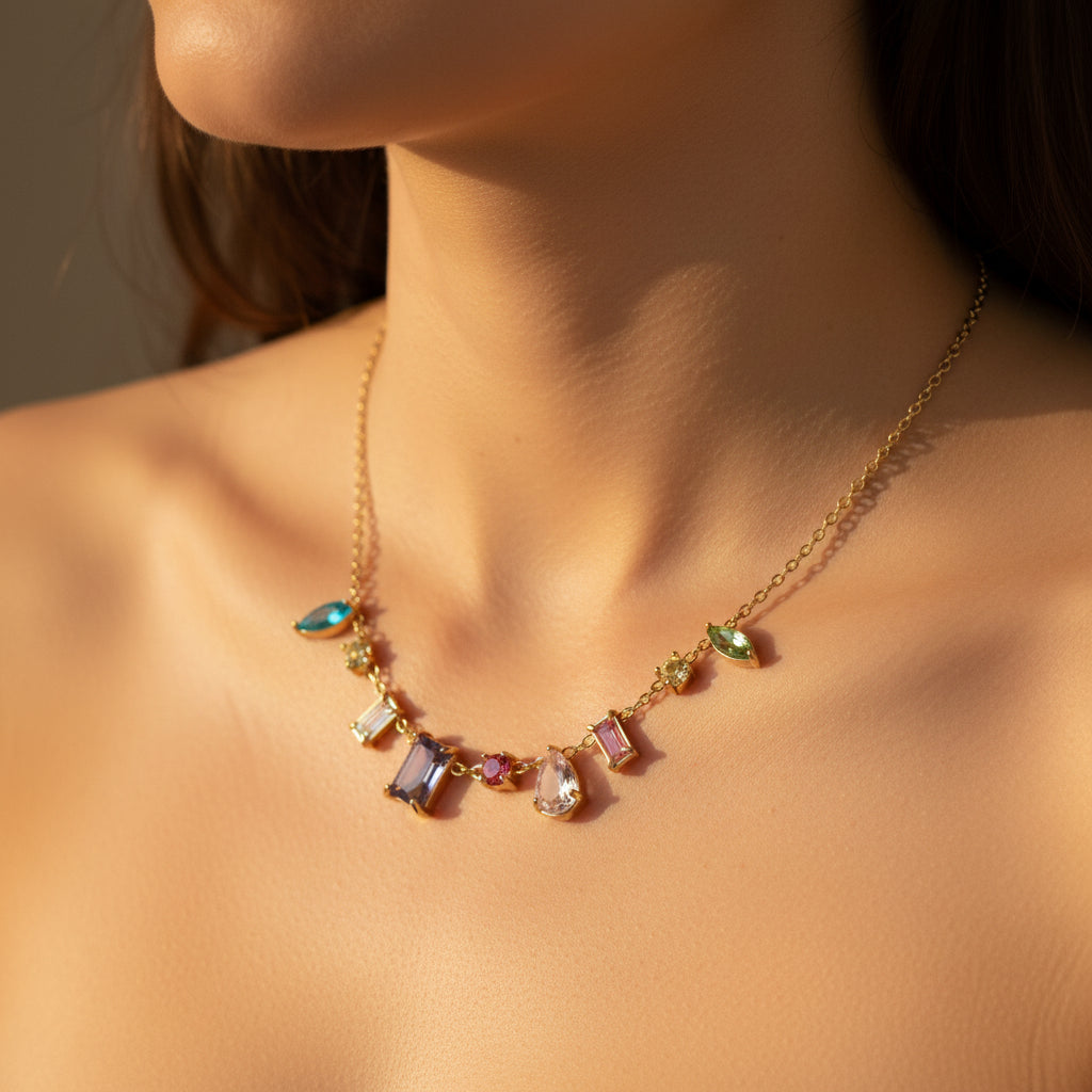 A detailed view of the Swarovski Multicolor Crystal Charm Necklace featuring vibrant colored stones and a gold-plated chain.