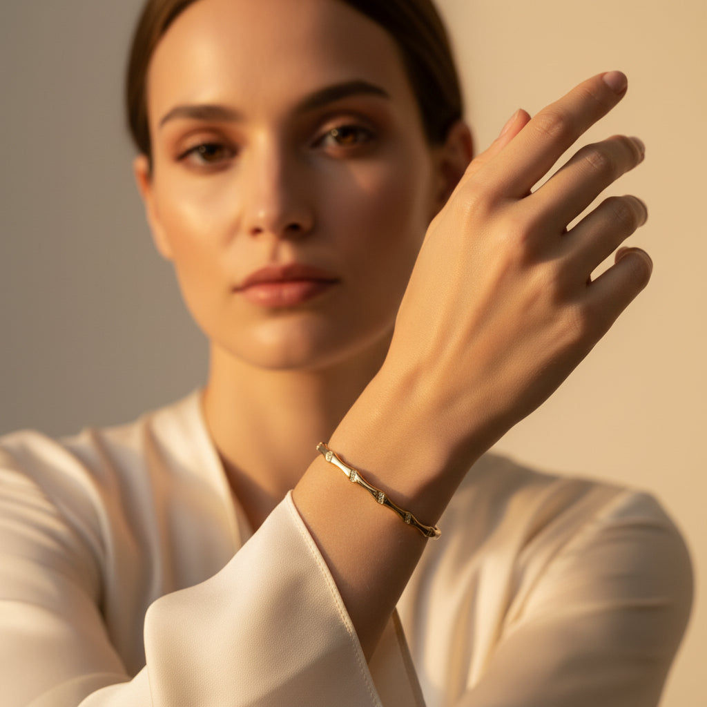 The Fluid Gold Bangle presented in premium Swikaar packaging, perfect for women who love modern, artistic jewelry.
