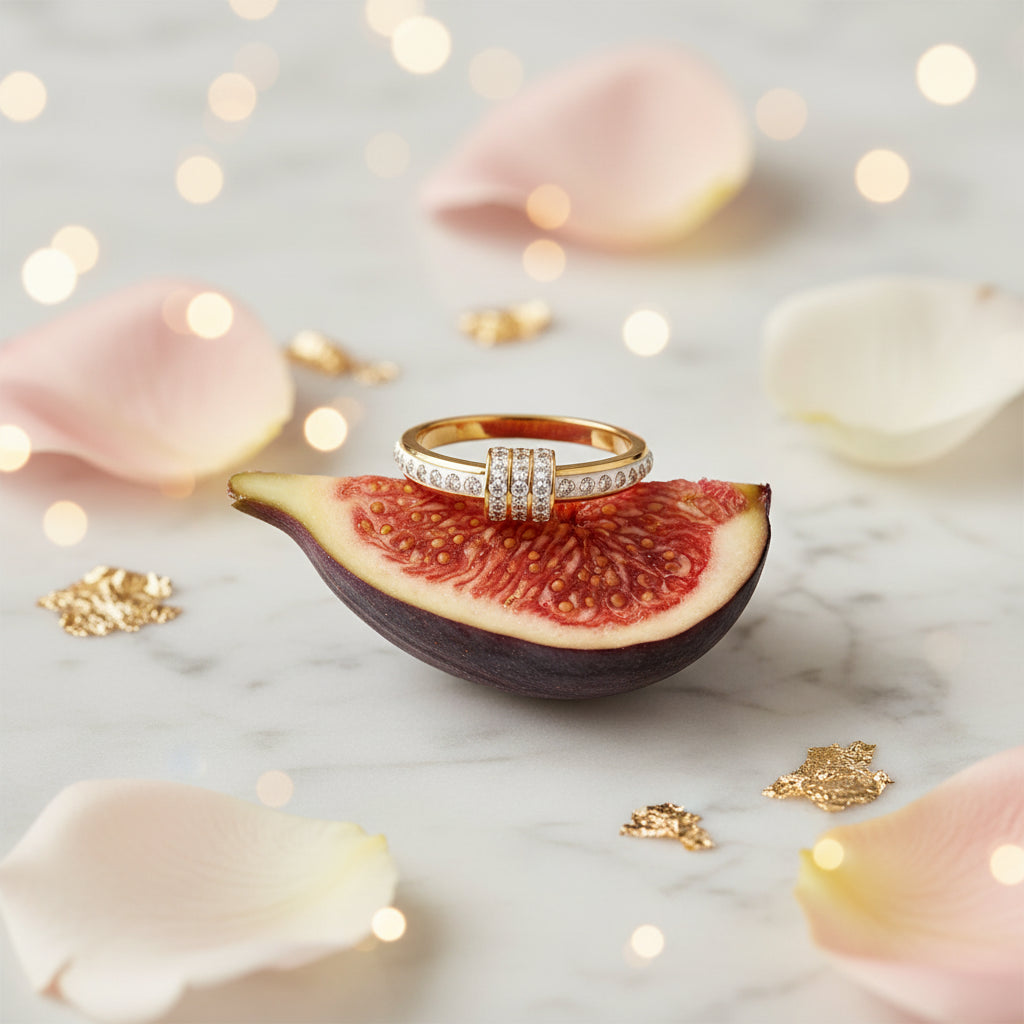 A high-end editorial lifestyle photograph capturing a refreshing luxury aesthetic, with a sharp, clearly visible gold white enamel crystal ring composed on an appealing food item, with a half-visible model playfully acting as if she is eating it.